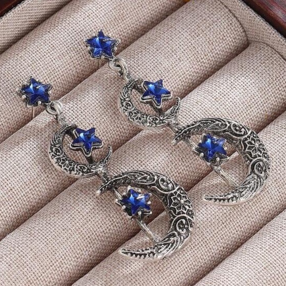 Celestial Blue Rhinestones Crescent Moon & Star Silver tone Long Earrings - Picture 3 of 6